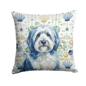 Blue and White Old English Sheepdog Coastal Sea Glass Throw Pillow Decorative Indoor Outdoor Accent Cushion for Couch, Bed or Patio, 18Hx18W