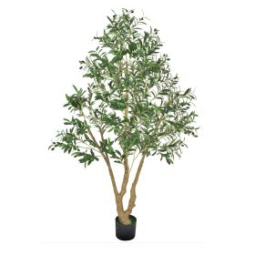 VEVOR 6FT Artificial Olive Tree with Black Pot, Tall Fake Tree with Natural Wood Trunk & Realistic Green Leaves and Fruits, Indoor Faux Plant for
